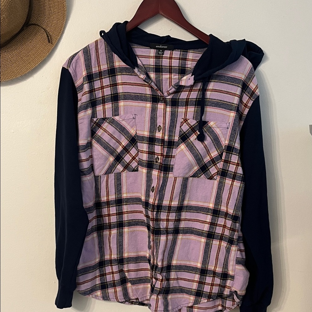 Ambiance Lavender Plaid Button-Down Shirt with Navy Hood